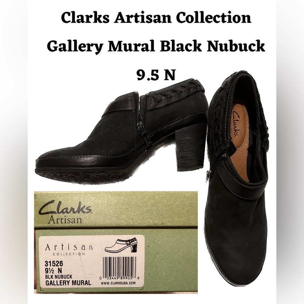 Clarks Artisan Collection Gallery Mural Black Nubuck ladies mules heel 9.5 N